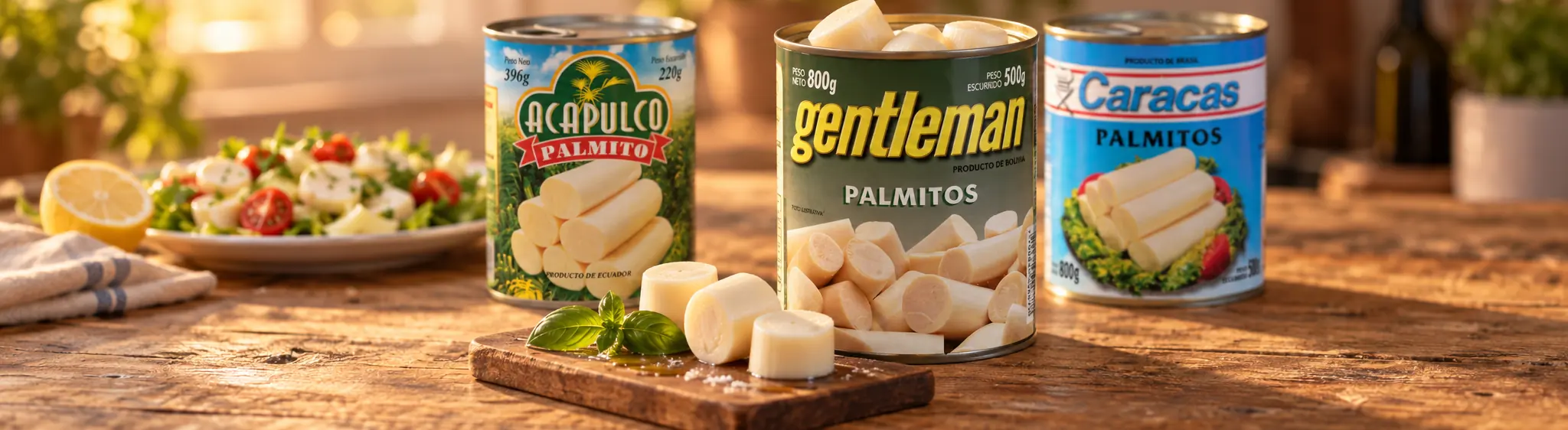 Latas de palmitos Gentleman, Caracas y Acapulco sobre una mesa de madera, con palmitos en rodajas y una ensalada
