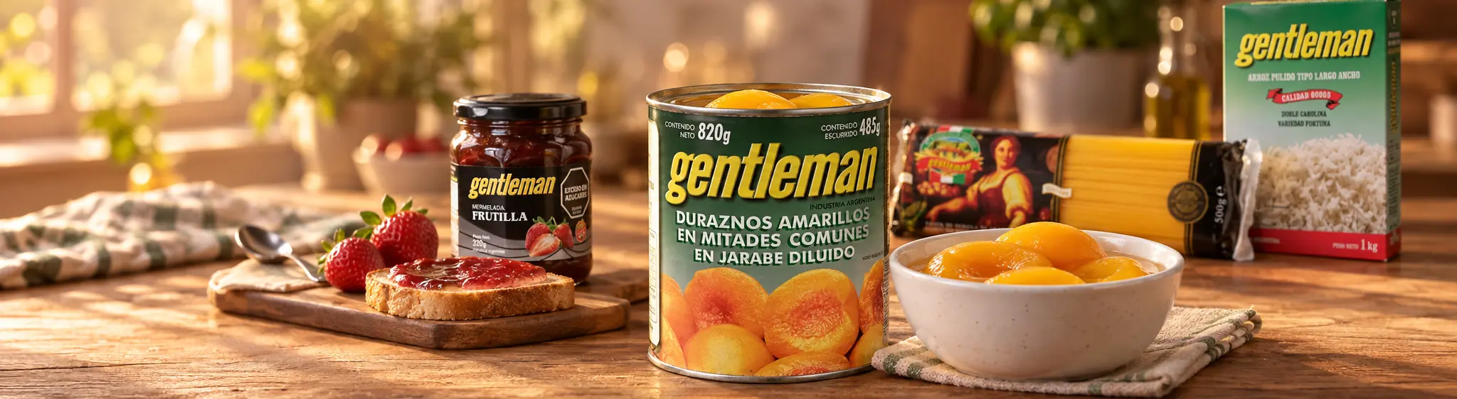 Duraznos en mitades, mermelada de frutilla, spaghetti y arroz Gentleman en una mesada de cocina